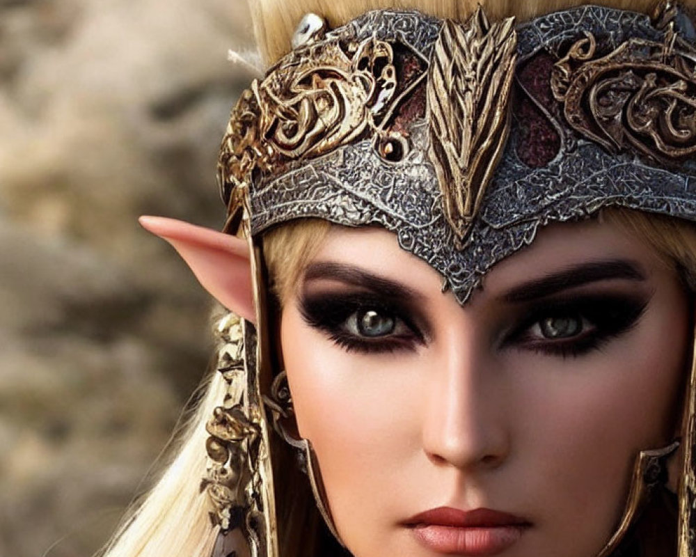 Character with Silver Headgear, Pointed Ears, and Dramatic Eye Makeup