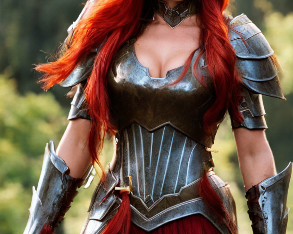 Medieval armor-clad woman with vibrant red hair in intense gaze.