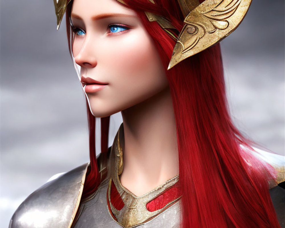 Fantasy digital art: Female character with blue eyes, red hair, golden headpieces, silver armor