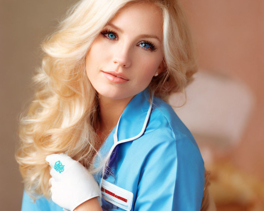 Blonde Woman in Blue Nurse Uniform and White Gloves Smiling