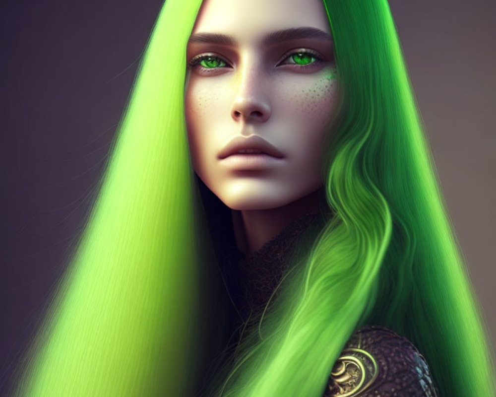 Portrait of person with lime green hair, fair skin, freckles, green eyes, and dark