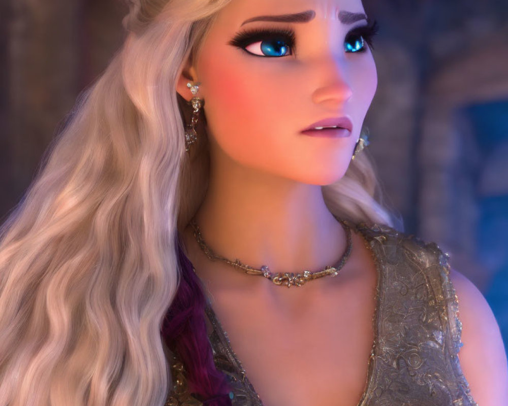 Animated female character with platinum blonde hair and blue eyes in golden dress and purple sash.