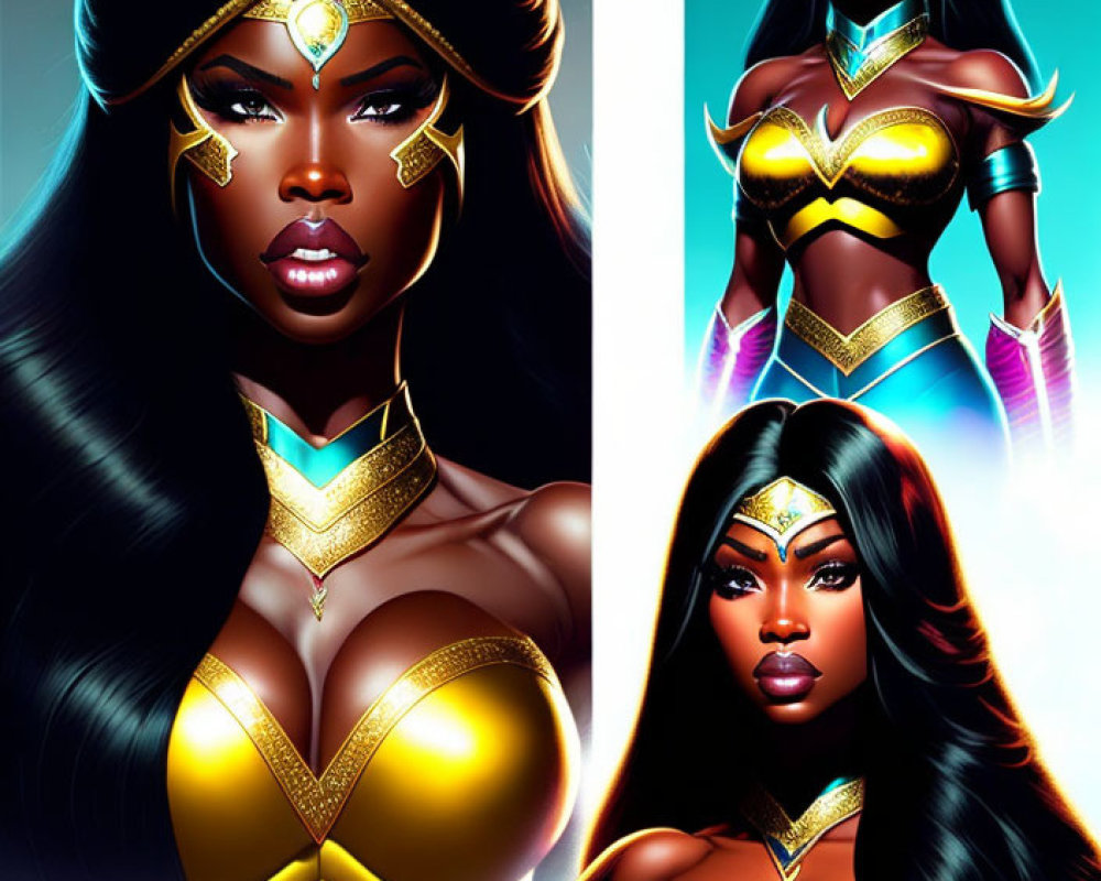 Illustration of powerful female superhero with long black hair and golden tiara.