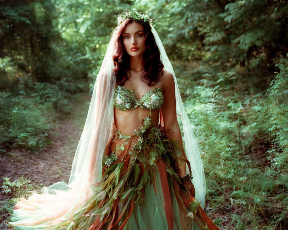 Woman in green floral dress with veil and crown in forest