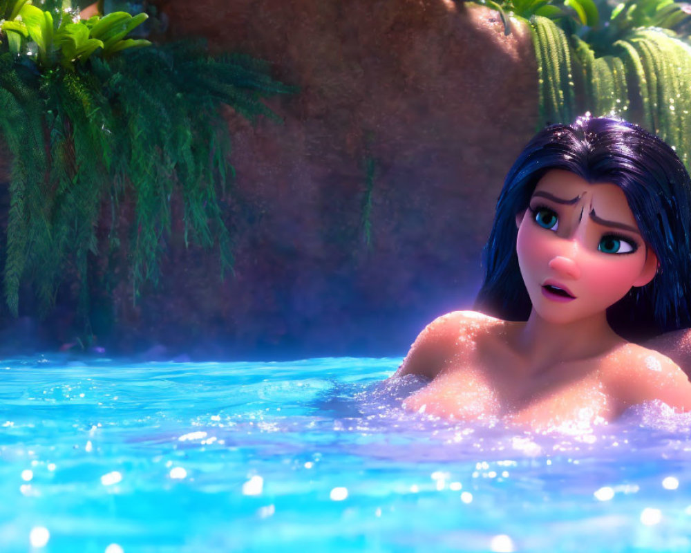 Dark-haired female character with blue eyes in a surprised expression in a sparkling blue water scene with lush green