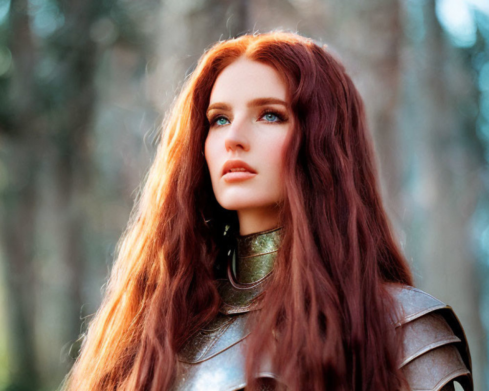 Red-haired woman in scale armor gazes in forest