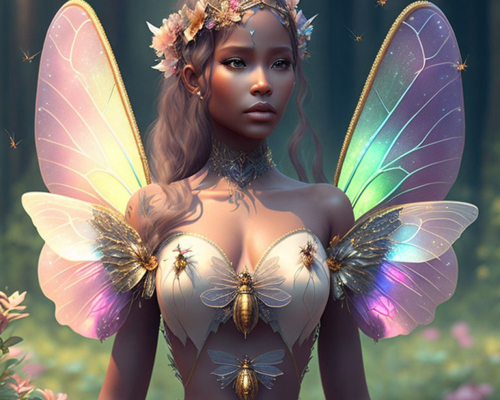 Digital Art: Fairy with Iridescent Wings in Mystical Forest