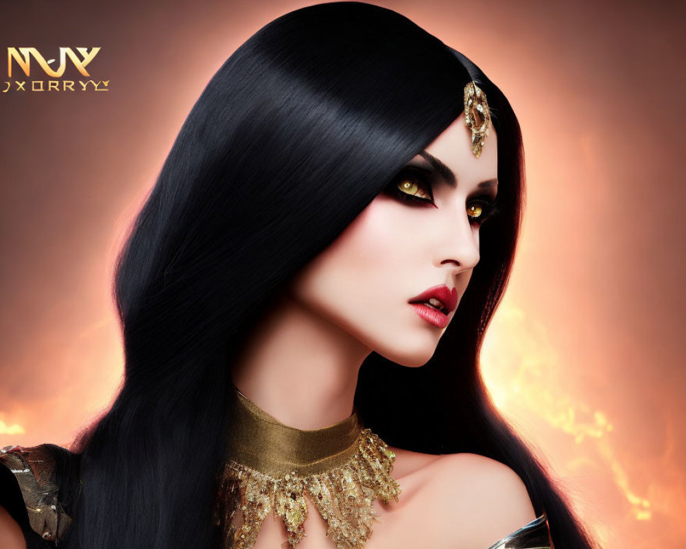 Portrait of a woman with black hair, dark makeup, and gold jewelry in mystical fantasy setting