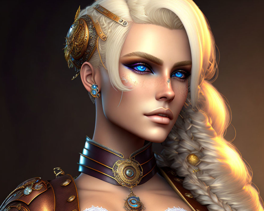 Portrait of woman with blue eyes, white hair, steampunk attire