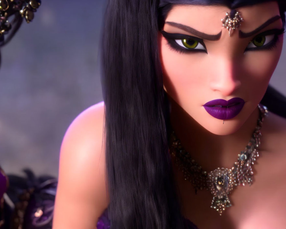 Close-up of 3D-animated female character with black hair, green eyes, purple lipstick,