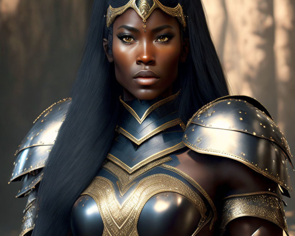 Digital artwork of dark-skinned warrior woman in intricate metallic armor & gold crown headpiece