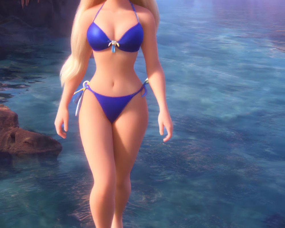 Blonde female character in blue bikini in 3D animation