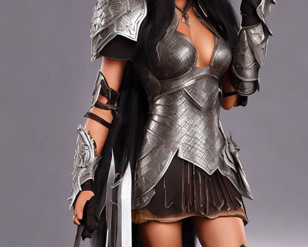 Detailed Fantasy Armor Woman Poses with Sword in Dark Bodice