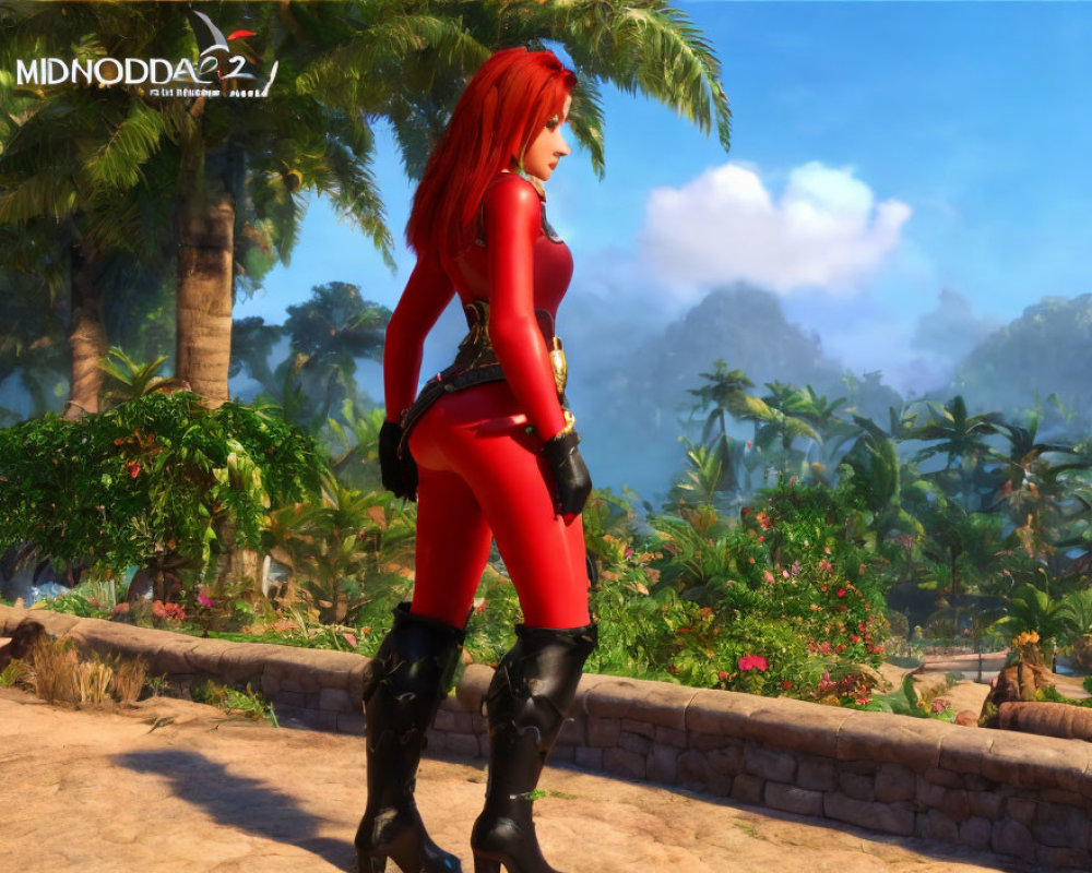 Red-haired female video game character in red bodysuit in tropical setting