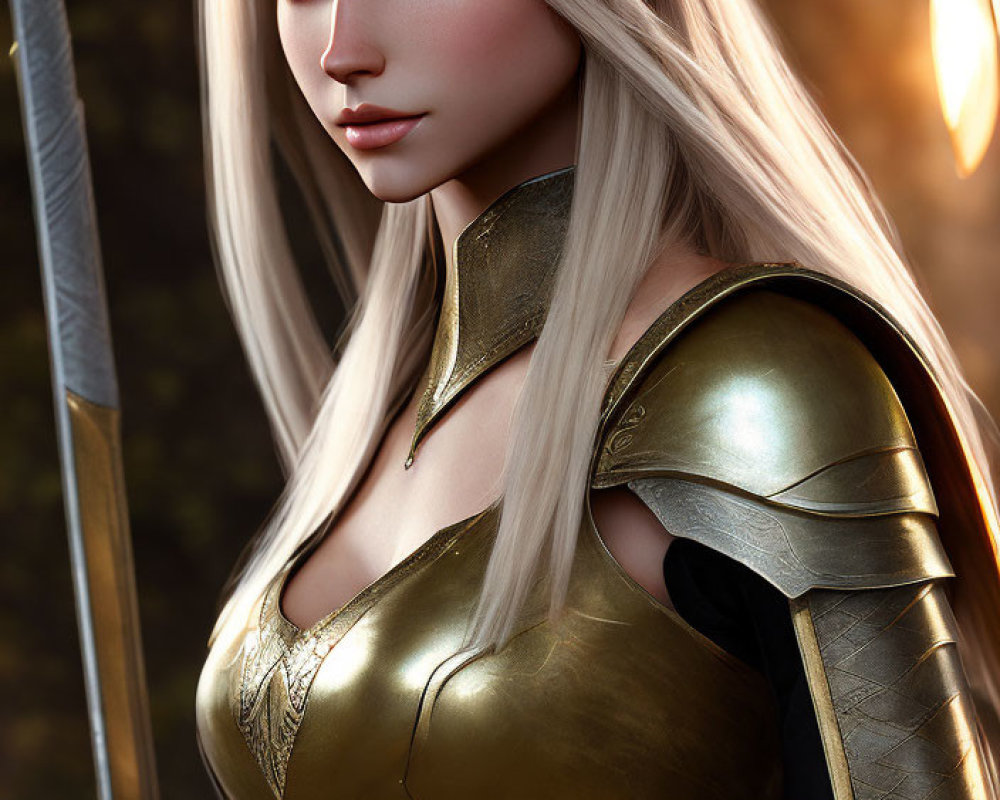 Fantasy CGI image: Blonde elf warrior in golden armor.