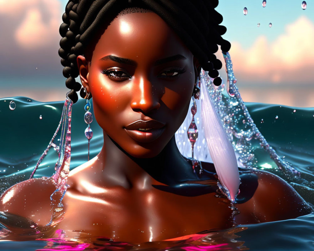 Digital artwork: African woman with braided hair in water with droplets and ocean.