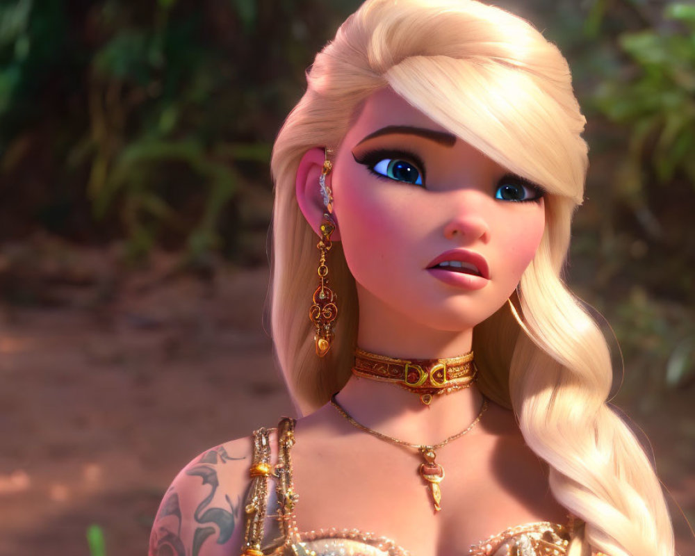 Platinum blonde haired female character with tattoos and gold jewelry in forest scene