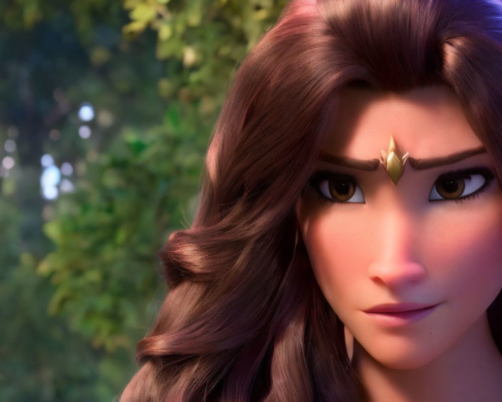 Animated female character with long wavy brown hair and golden tiara in close-up.