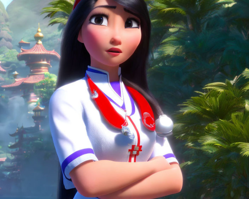 Long-haired female character in red headband and white outfit against Asian-inspired landscape.