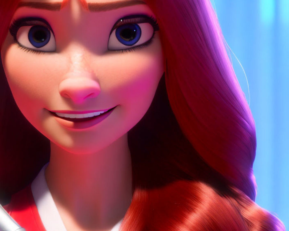 Close-up 3D animated female character with red hair and blue eyes on purple and blue background