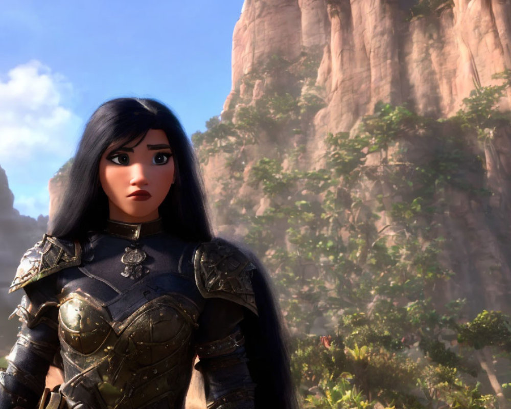 Female warrior in black armor with long hair in forest setting