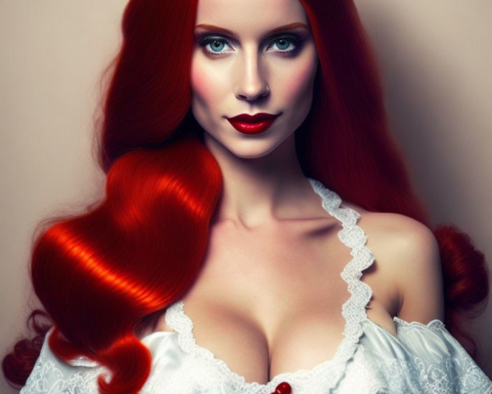 Vibrant red-haired woman in white outfit with ruffled neckline