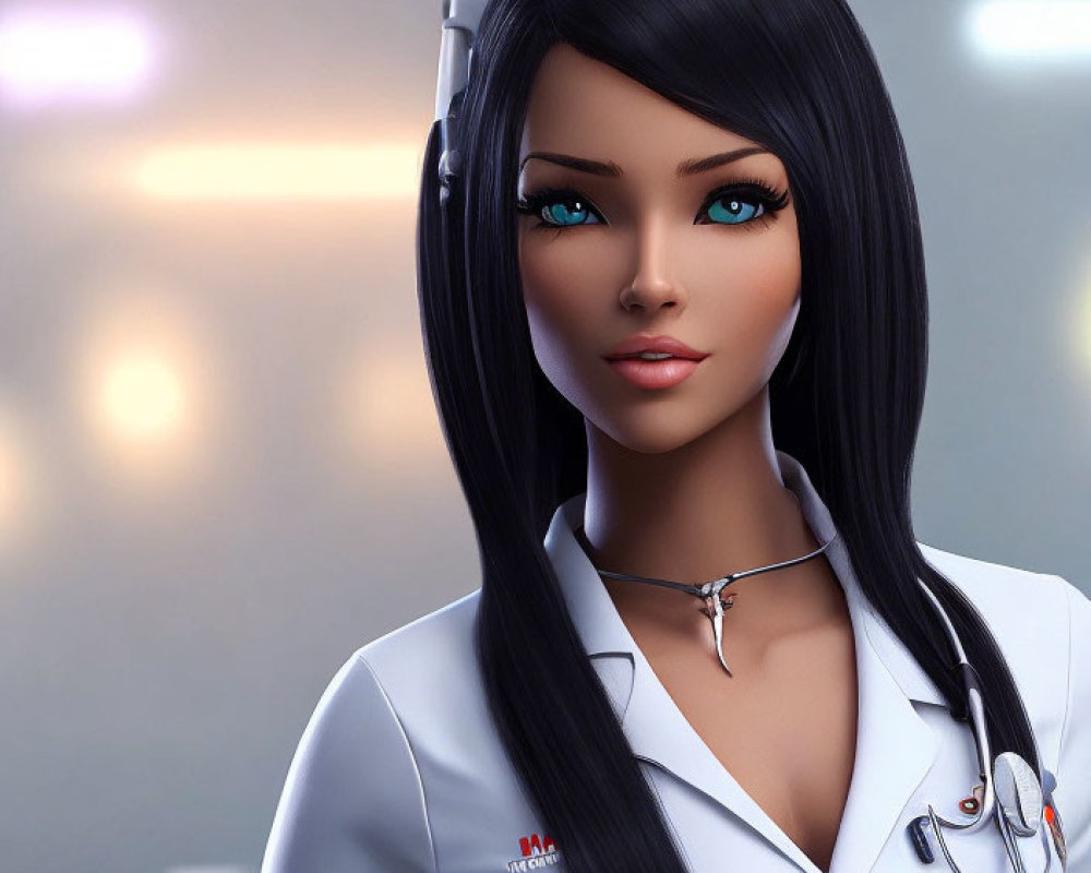 Digital artwork: Woman with long black hair in white nurse's uniform