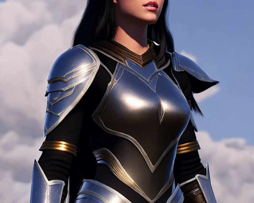 Female warrior digital artwork: long black hair, stylized silver armor, cloud-filled sky.