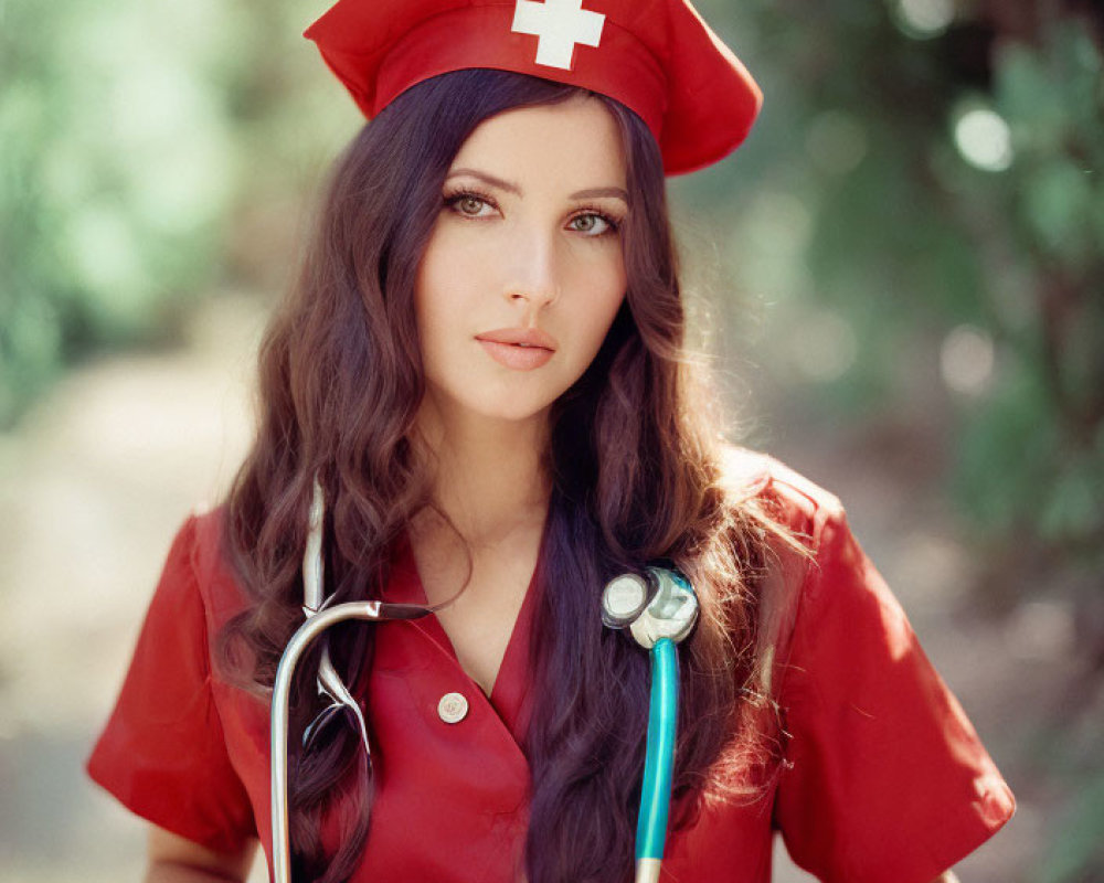 Female nurse in red uniform with stethoscope outdoors