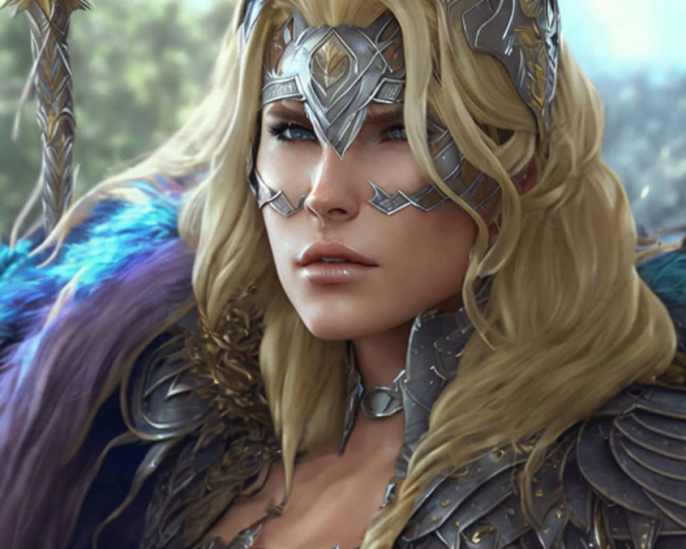 Blonde Female Warrior in Silver Armor and Fur Details