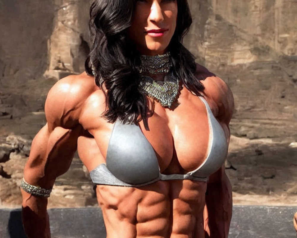 Muscular woman with defined abs and toned arms in silver sports top and jewelry.