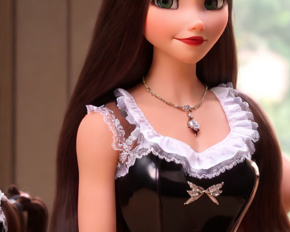 Long-haired animated character in black and white dress with lace and jewels.