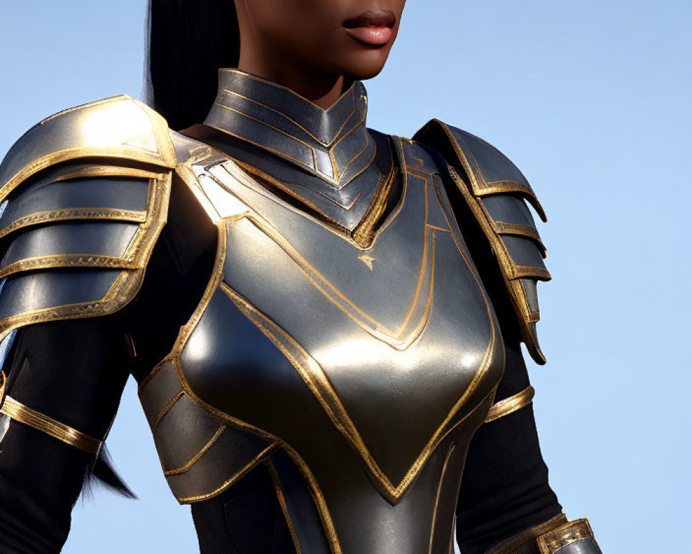 Futuristic digital artwork of confident woman in black and gold armor suit