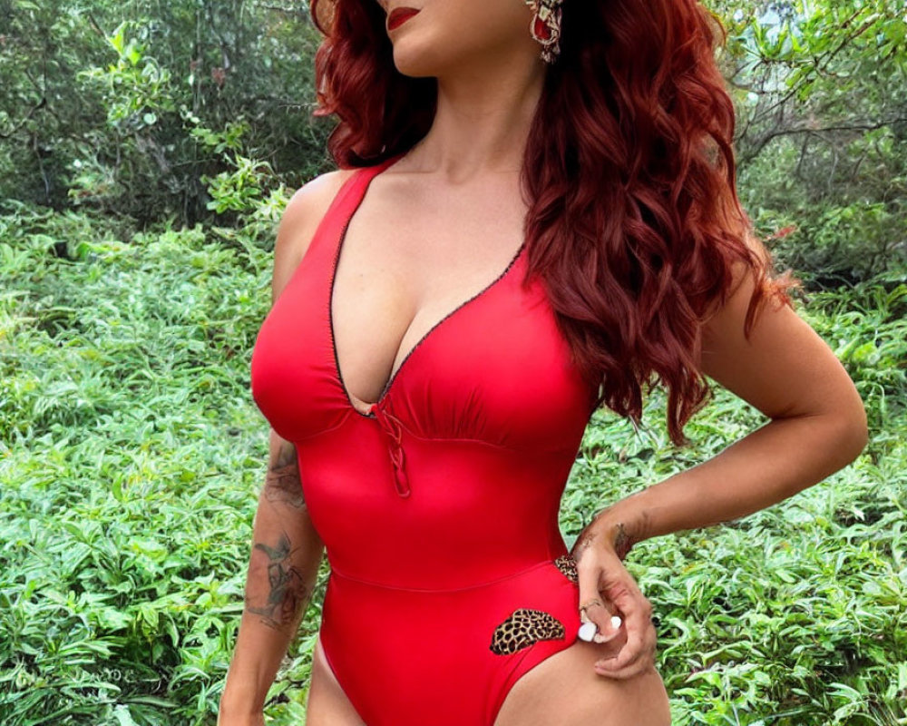 Red-haired woman in red swimsuit with arm tattoo among green foliage