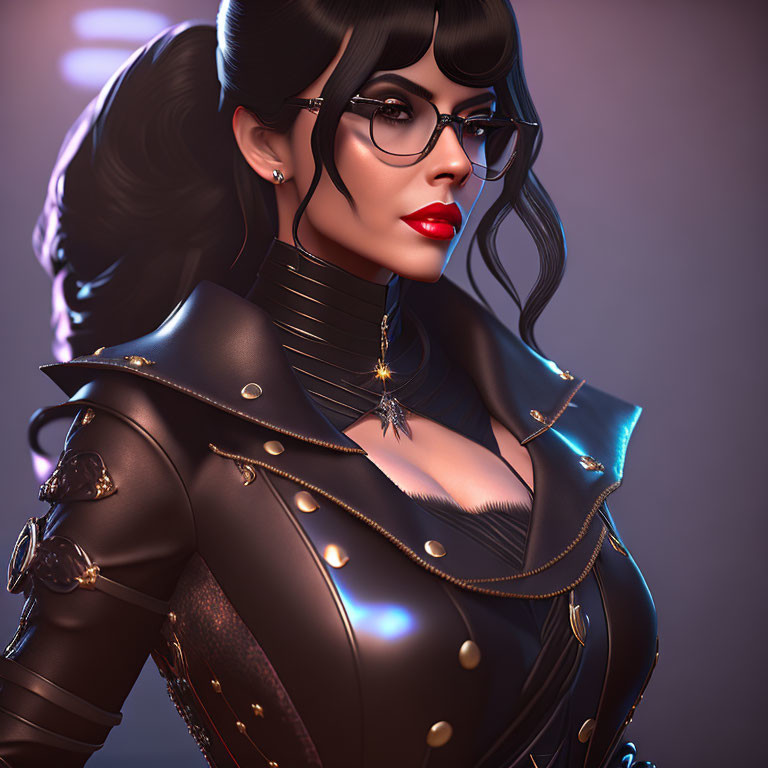 Portrait of woman with red lipstick, black hair, glasses, and military-style jacket.