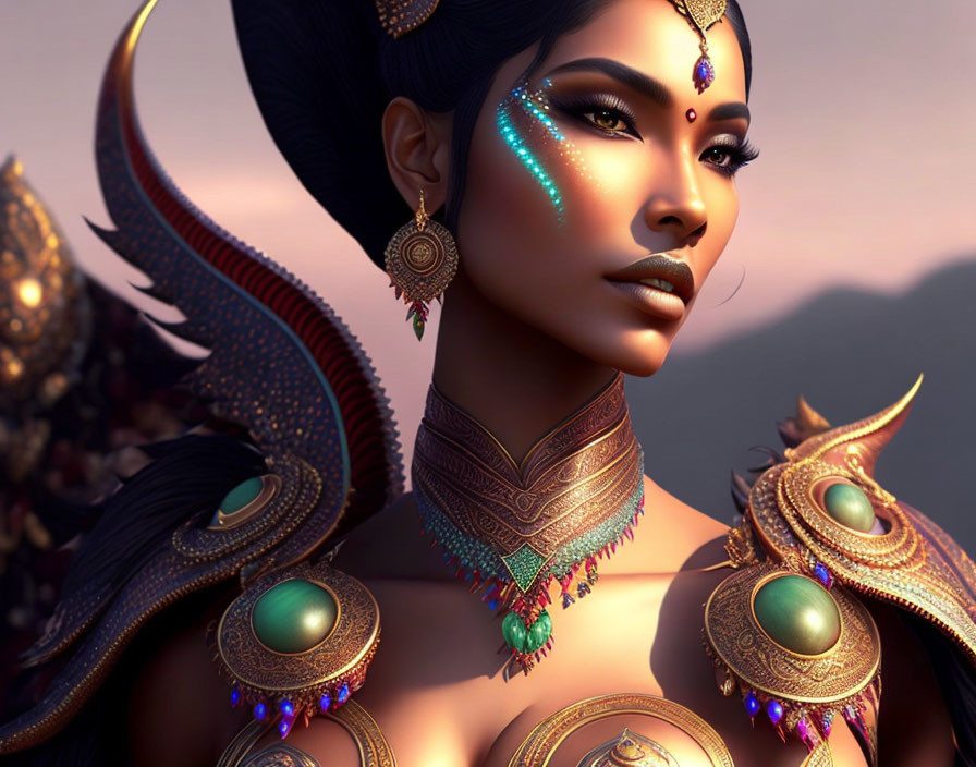 Digital Artwork: Woman with Gold Jewelry, Vibrant Makeup, and Fantasy Armor