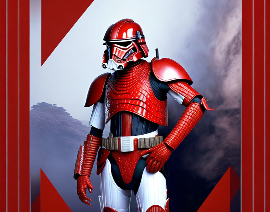 Red and Black Armored Figure Resembling Star Wars Stormtrooper on Grey and Red Background