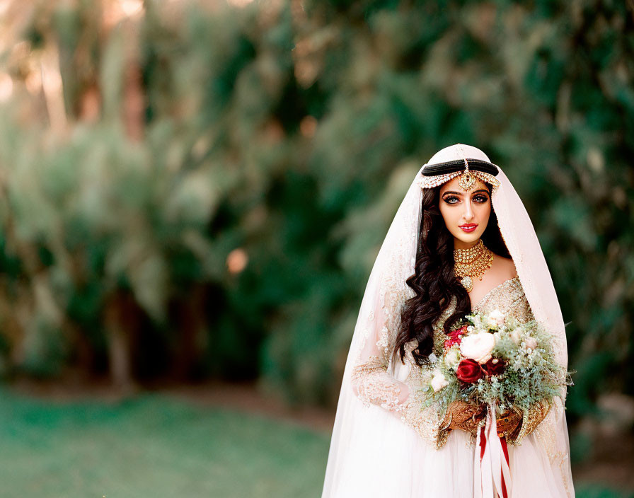 Elaborately dressed bride with headpiece and bouquet in greenery.