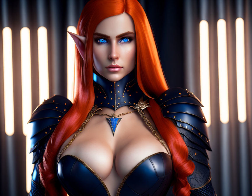 Fantasy female character digital art portrait with pointed ears, blue eyes, long red hair, black armor