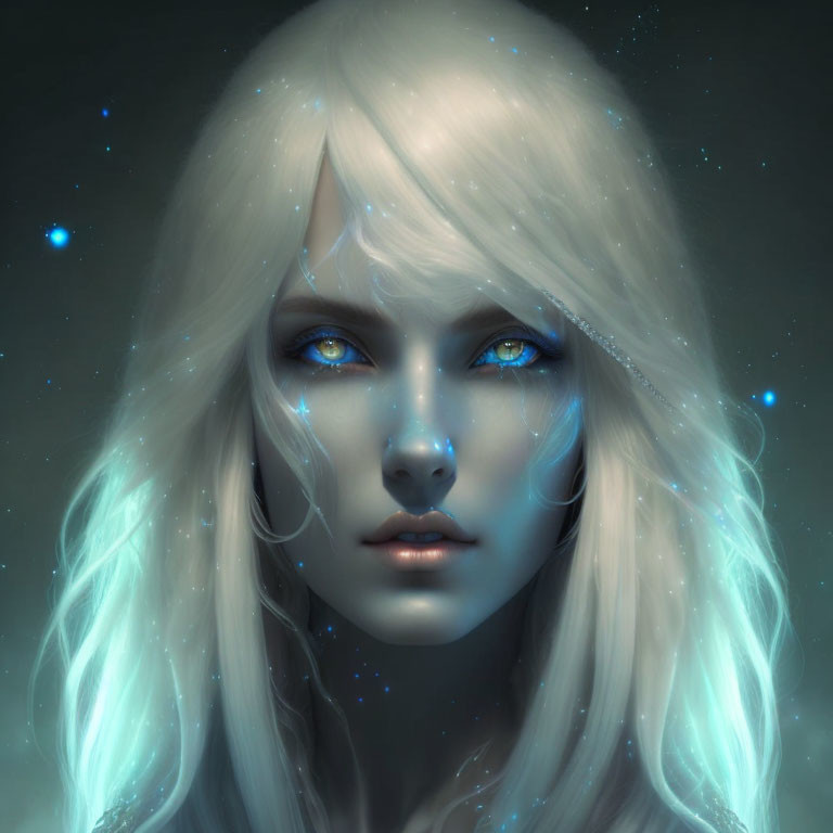 Digital artwork featuring person with glowing blue eyes and pale hair surrounded by subtle blue star-like sparkles