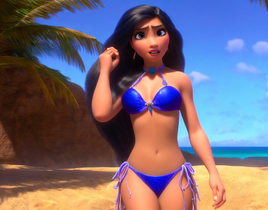 Long-haired 3D character in blue attire on sandy beach