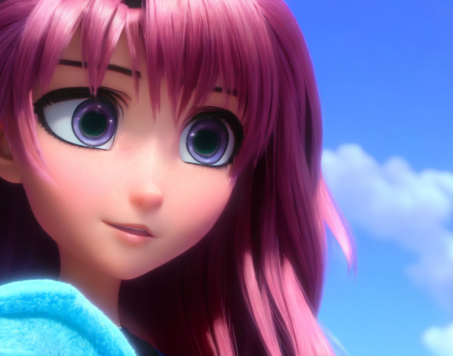 3D animated character with green eyes and pink hair in blue outfit on sky background