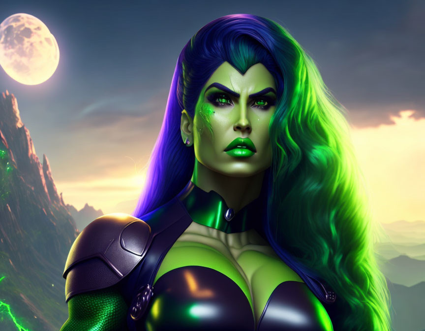 Green-skinned woman with long hair and purple armor under full moon night sky