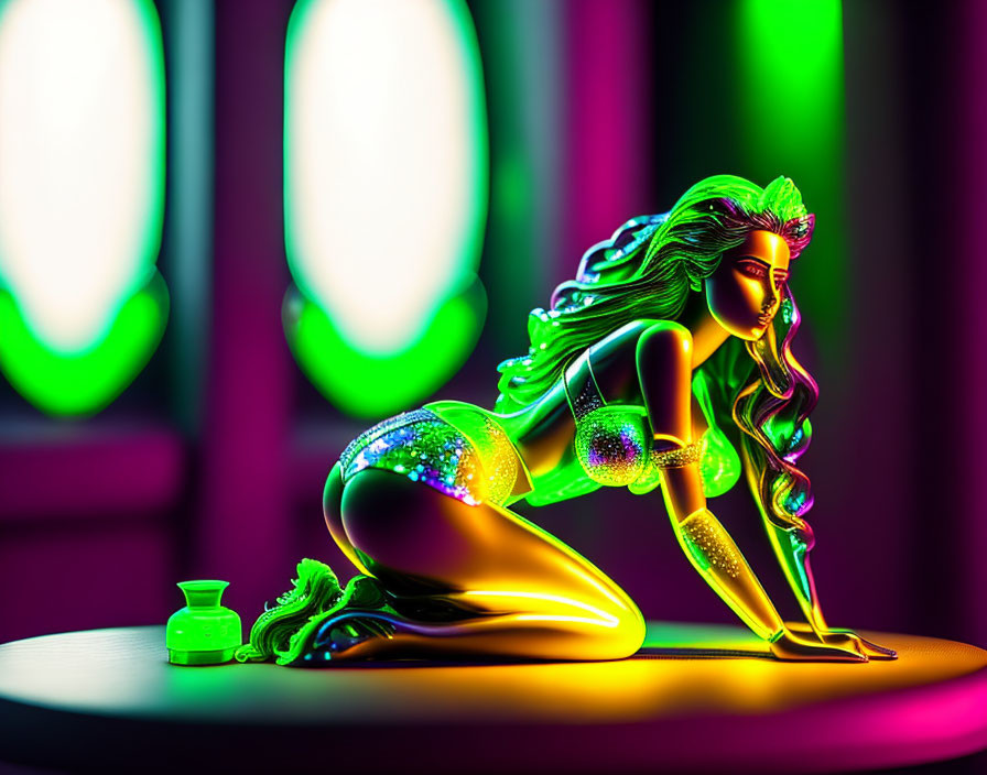 Vibrant illuminated female figure in neon lights kneeling with flowing hair