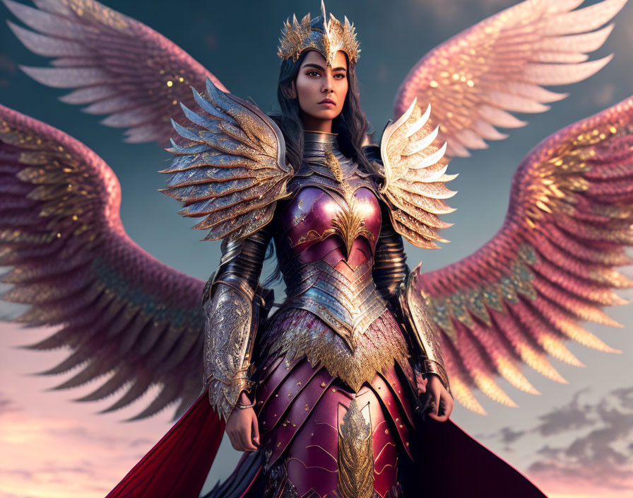 Winged female warrior in ornate armor against dramatic sky