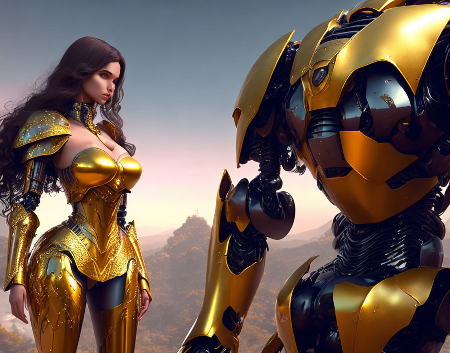 Golden-armored woman with yellow robotic figure at sunset