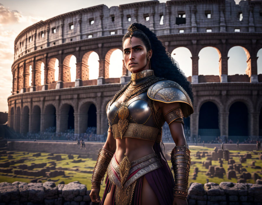 Female warrior in elaborate armor at Colosseum under dramatic sky