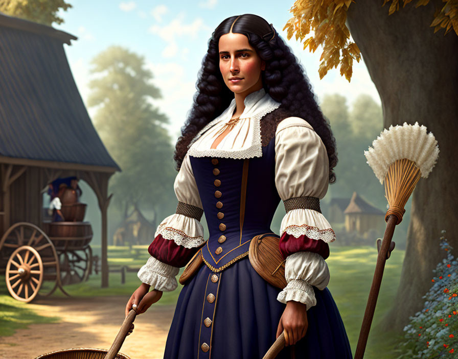 Digital artwork of a confident woman in historical attire with a broom in a rural setting.