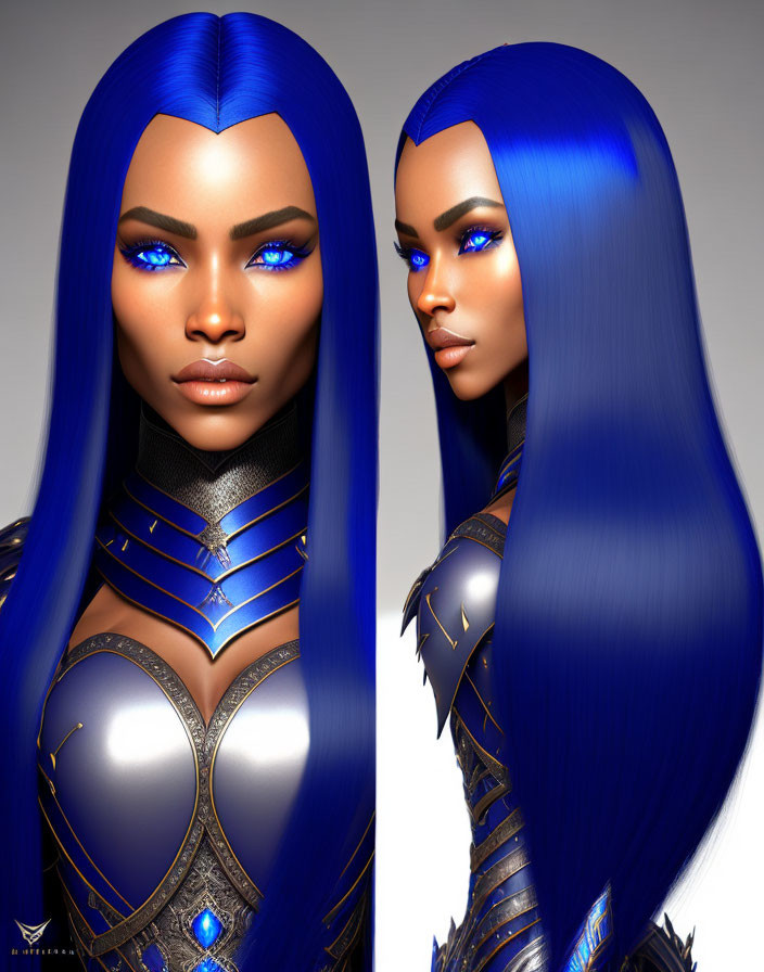 Digital Artwork: Woman with Vibrant Blue Hair and Futuristic Armor