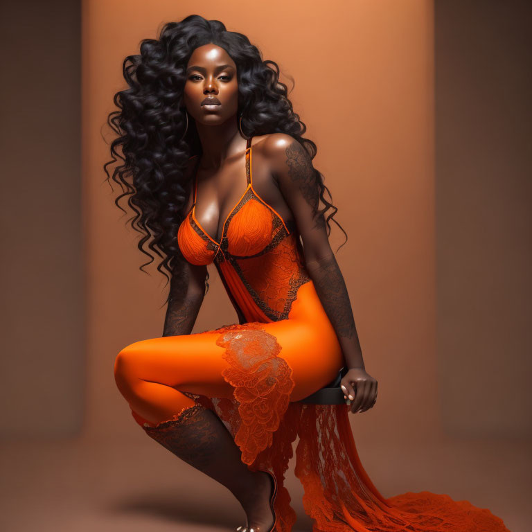 Curly-haired woman in orange lace bodysuit on warm backdrop